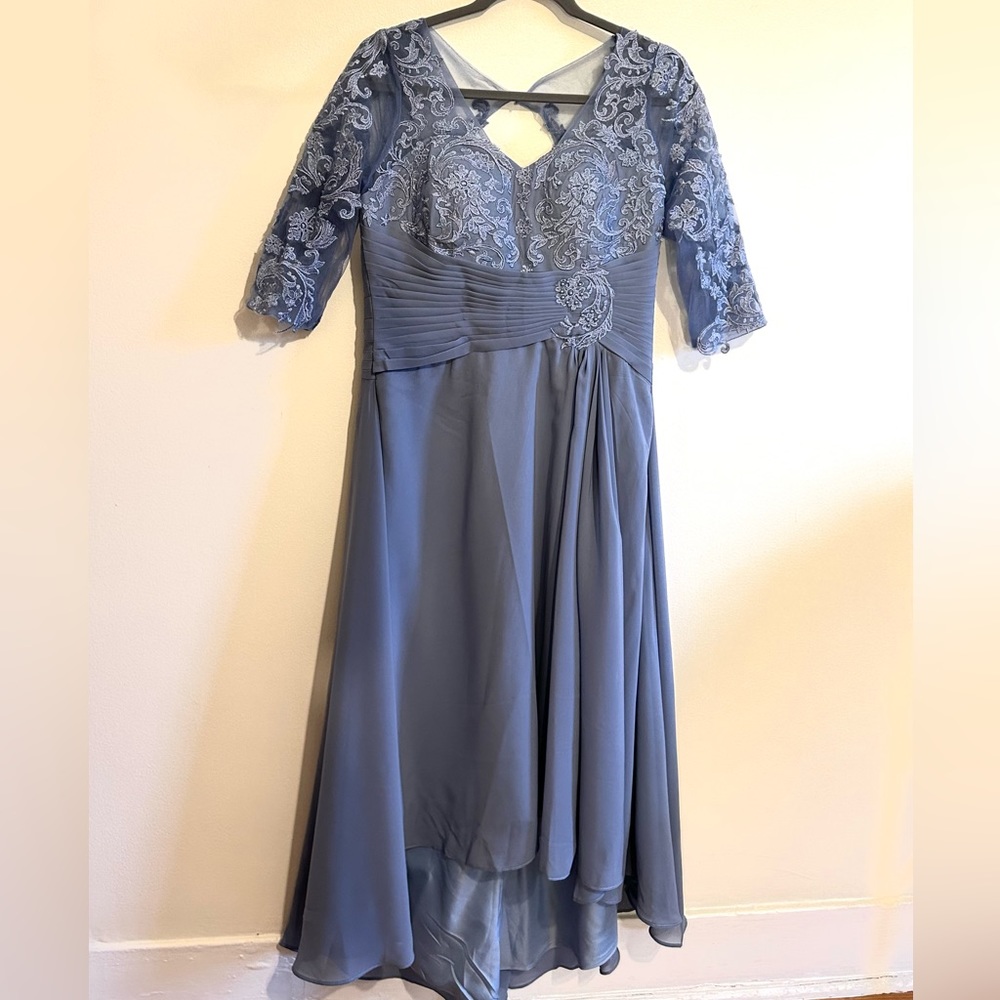 Dusty blue high low dress with lace detail and corset closing in the back
